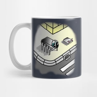 Funny design with big electronic integrated circuit seeing a new and small package in a corner. Mug